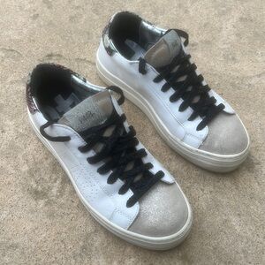 P448 You Can Surf Later White Leather & Shimmer Sneaker w Floral Heel Size 38